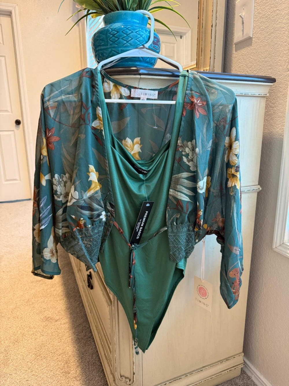 Forever 21 Teal Green Floral Sheer Cover-Up with Green Bodysuit
